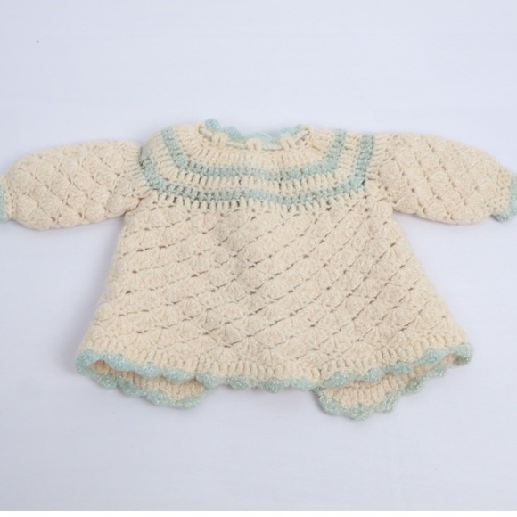 VTG Handmade Crochet Infant Baby Set Sweater Bonnet Booties Cream Blue - Picture 6 of 10